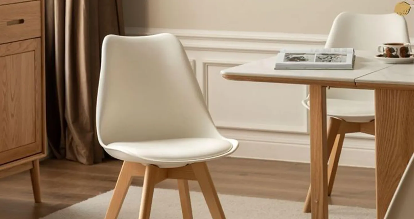 Modern dining area with white chairs and a wooden table